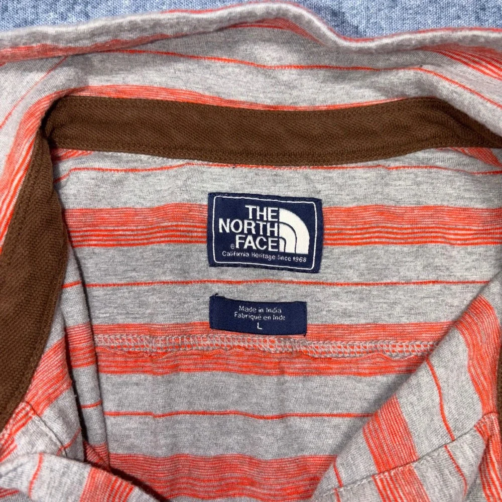 The North Face Mens Large Polo Shirt Grey Orange Striped Short Sleeve Cotton L